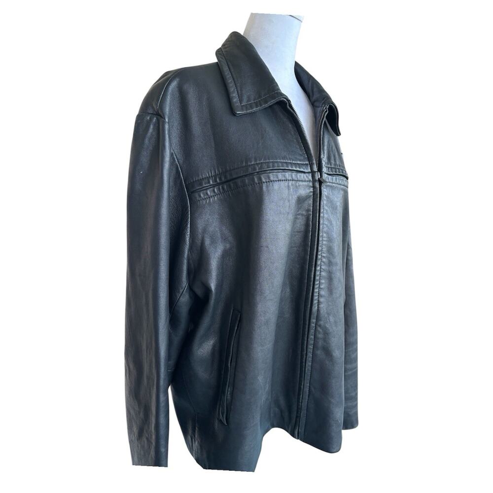 Perry Ellis Men Black Leather Jacket Zip Front Classic Minimalist Sz L